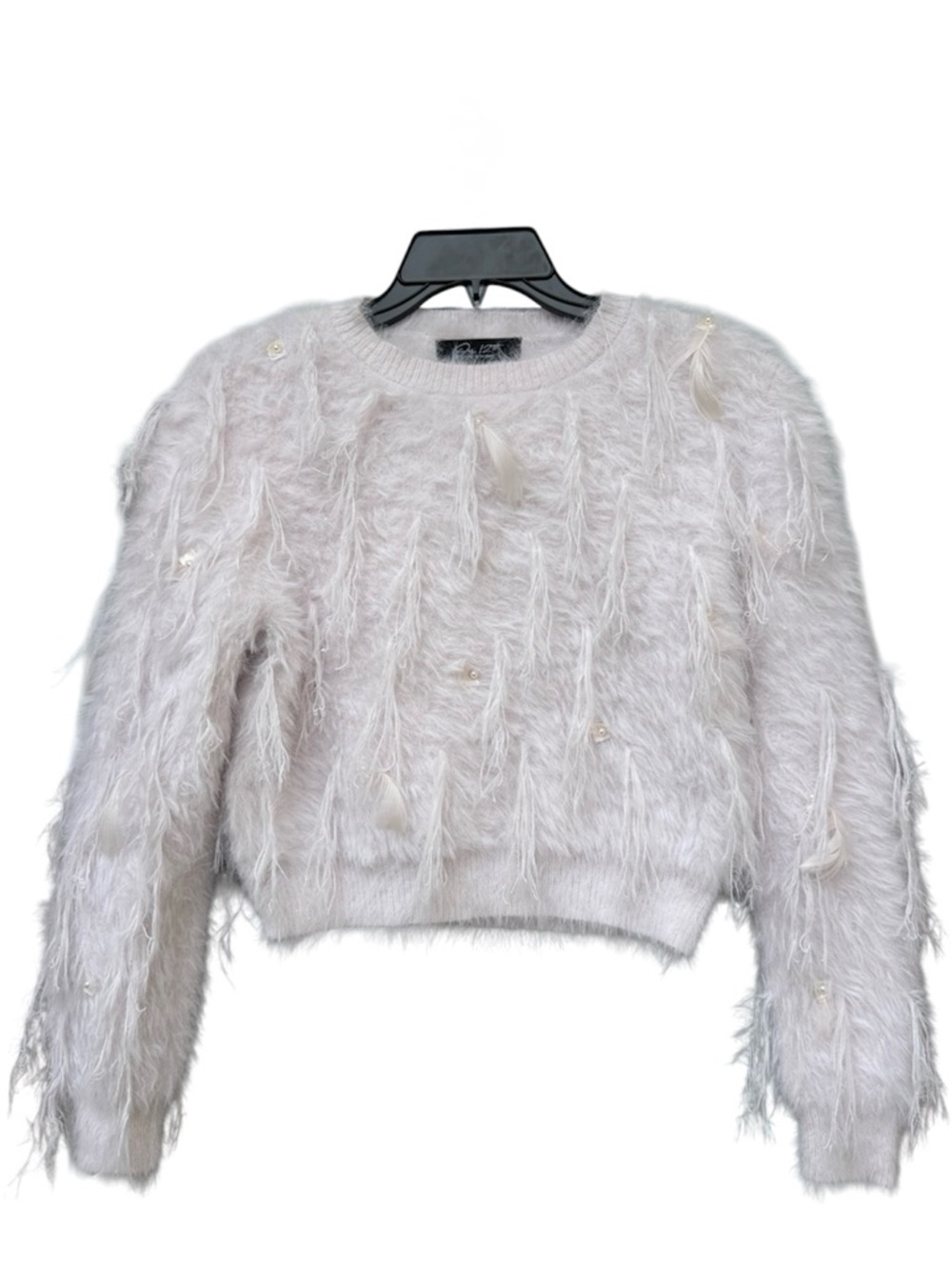 On 12th Fuzzy Eyelash Pearl Feather Cropped Sweater Small Soft Pink Chic - Picture 2 of 5